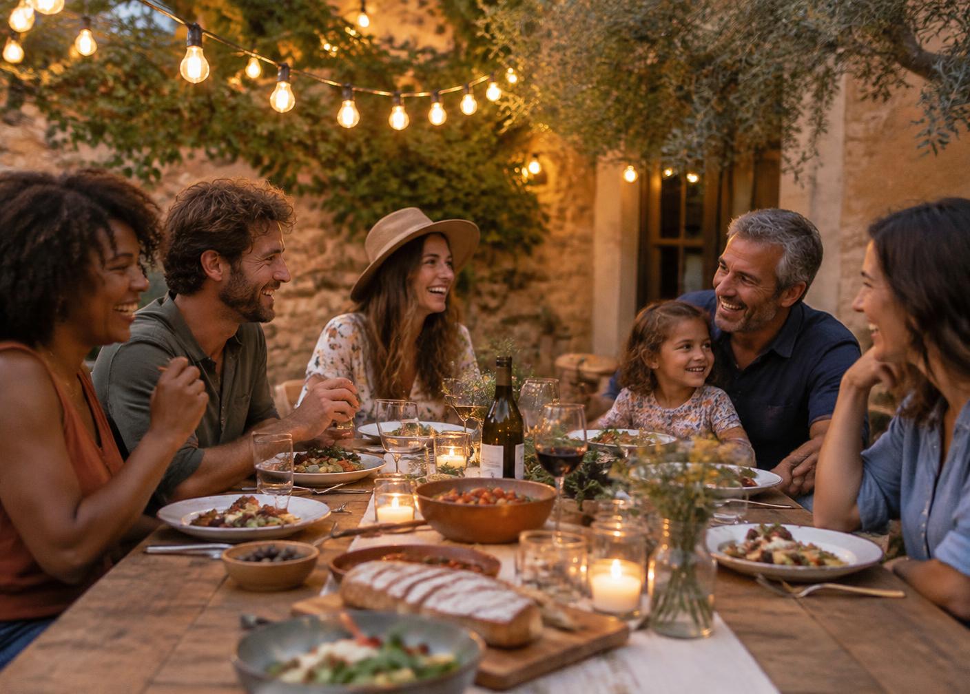 Friends and a family sharing a long outdoor dinner under warm string lights