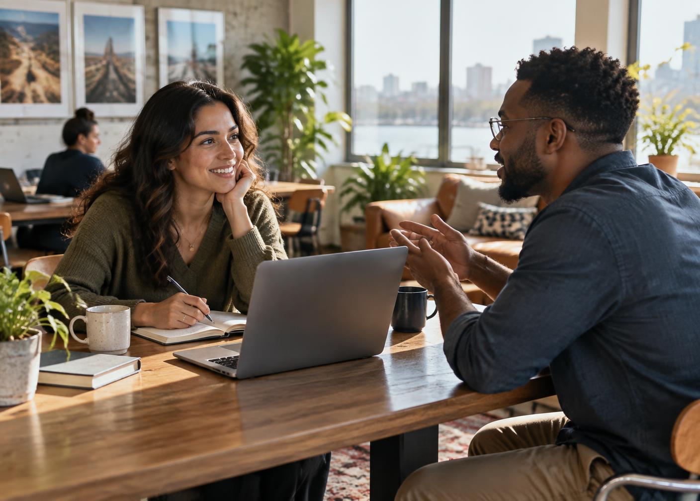 Two people in conversation across a table in a bright shared workspace